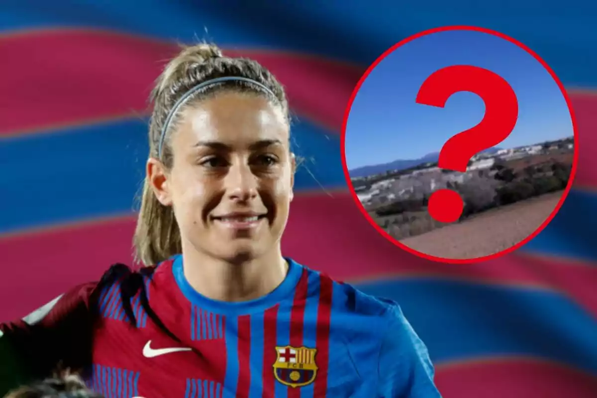 Jugadora de futbol amb uniforme del FC Barcelona davant d?un fons amb els colors de l?equip i un cercle amb un signe d?interrogació.