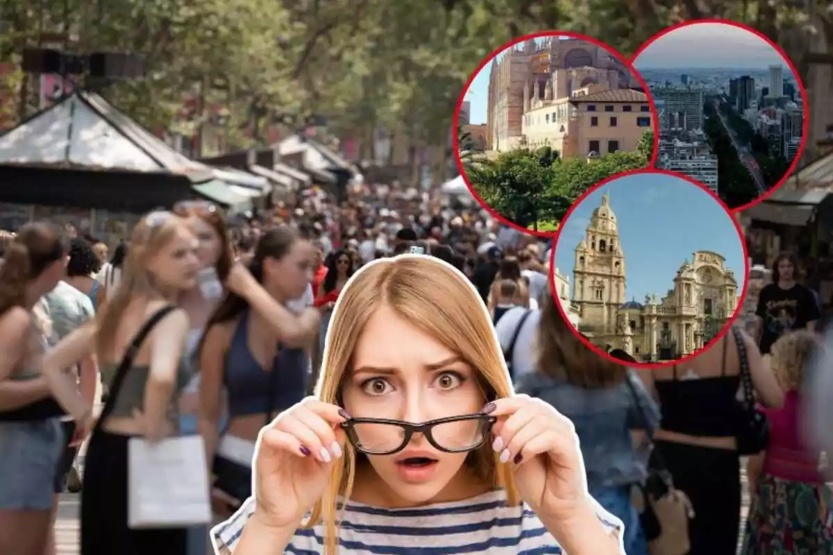 Imatge de fons de les Rambles de la ciutat de Barcelona i altres imatges de les ciutats de Múrcia, Madrid i Palma de Mallorca, amb una dona amb gest sorprès