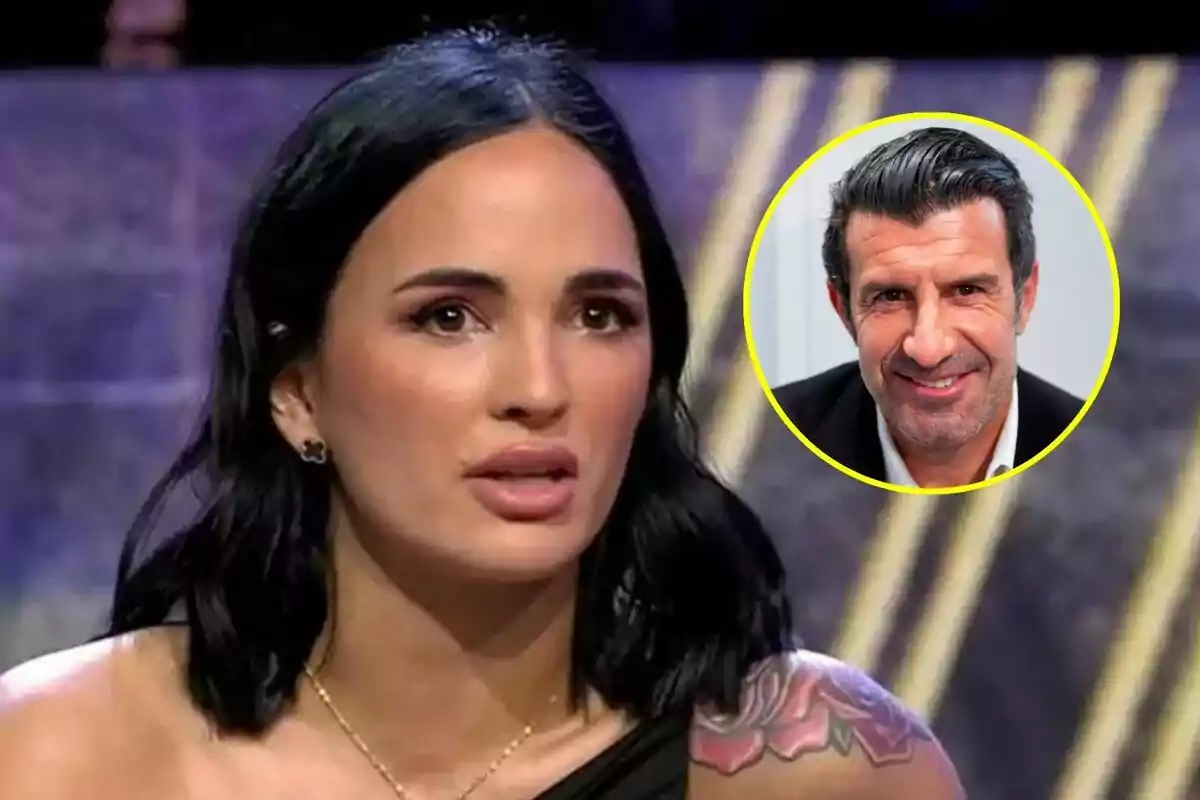 Claudia Bavel con cabello oscuro y un tatuaje en el hombro está en De Viernes con Luis Figo en un círculo amarillo en la esquina superior derecha.