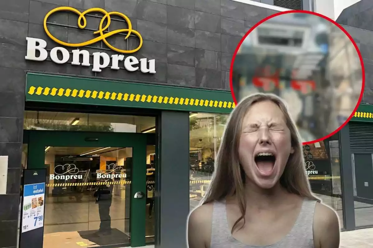 Supermercat Bonpreu, noia enfadada i cercle vermell amb fotografia borrosa