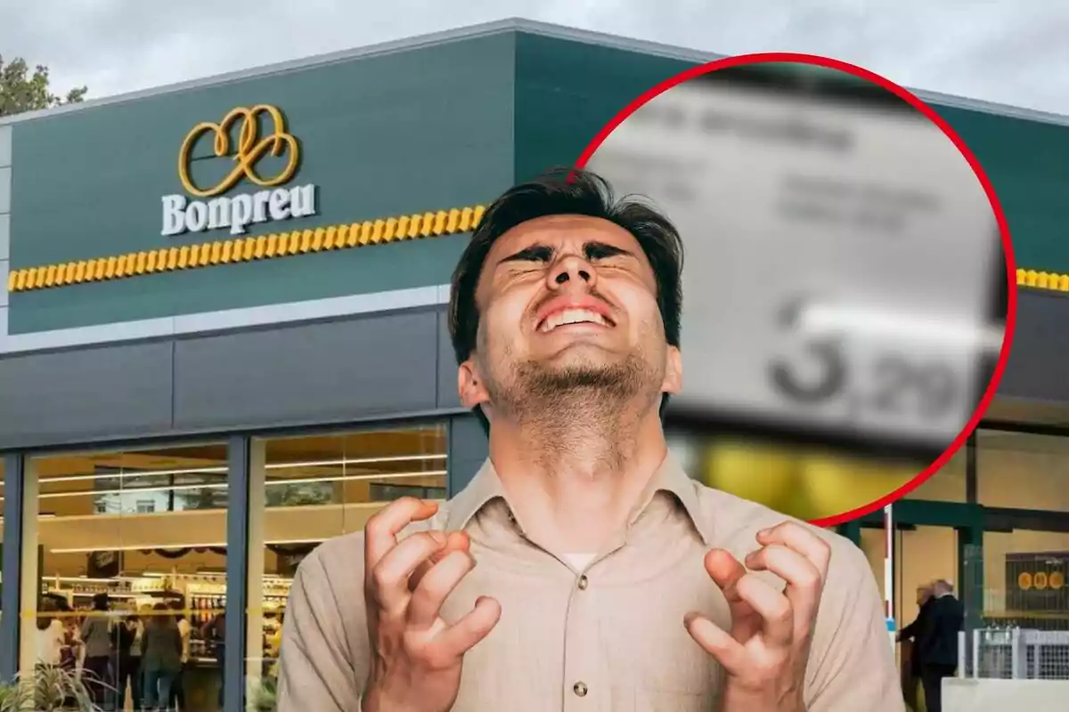 Un home amb expressió de frustració davant d'un supermercat Bonpreu.