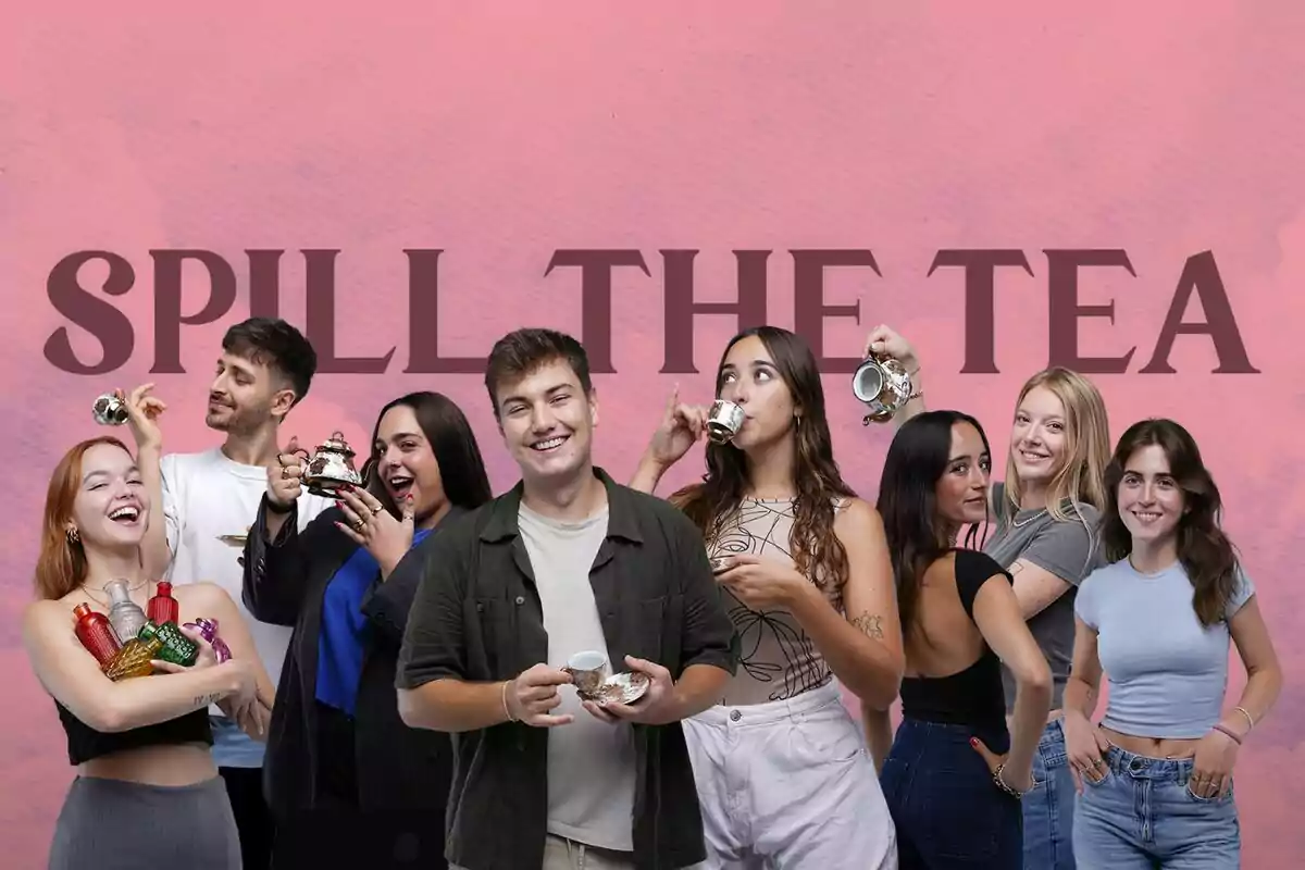 Gerryquerryberry, Carla Junyent, Nadine Romero, Can Putades, Marta Garriga i Polyklin sostenint tasses i teteres davant d'un fons rosa amb el text “SPILL THE TEA”, promocionant la segona temporada de Climax