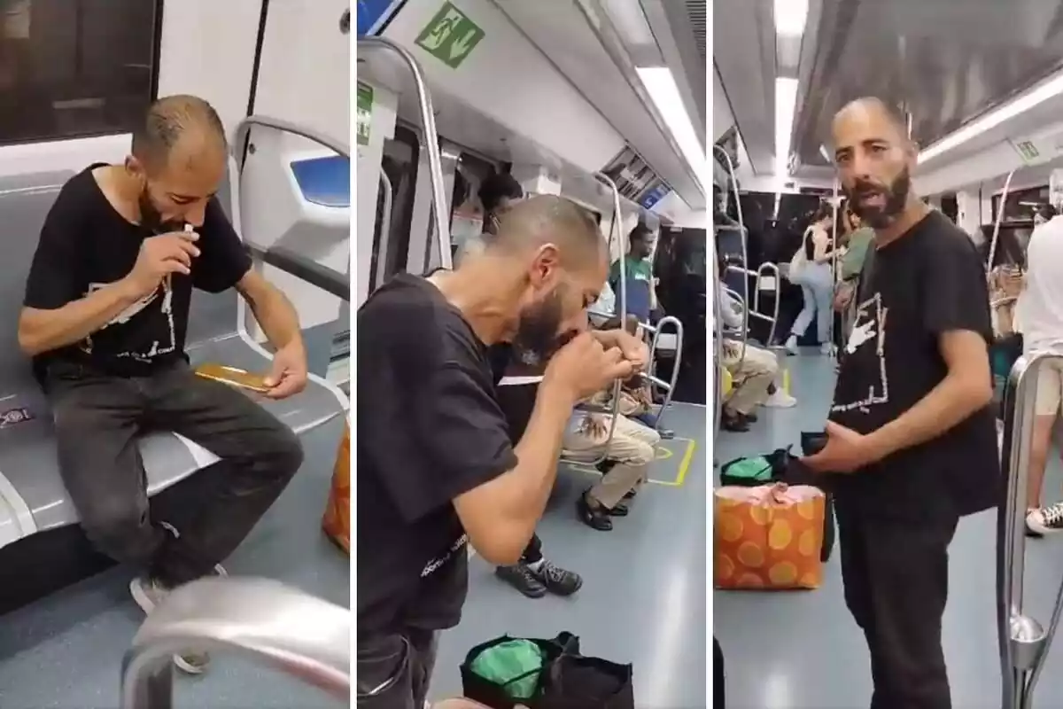 Muntatge d'un home consumint cocaïna al metro de Barcelona