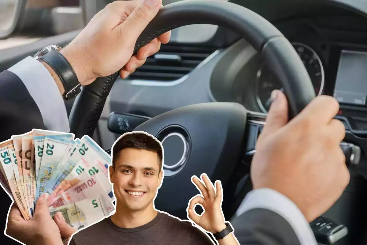 Imatge de fons d'unes mans recolzades al volant d'un cotxe, juntament amb dues imatges més, una d'un home amb gest d'aprovació i una altra d'una mà amb bitllets