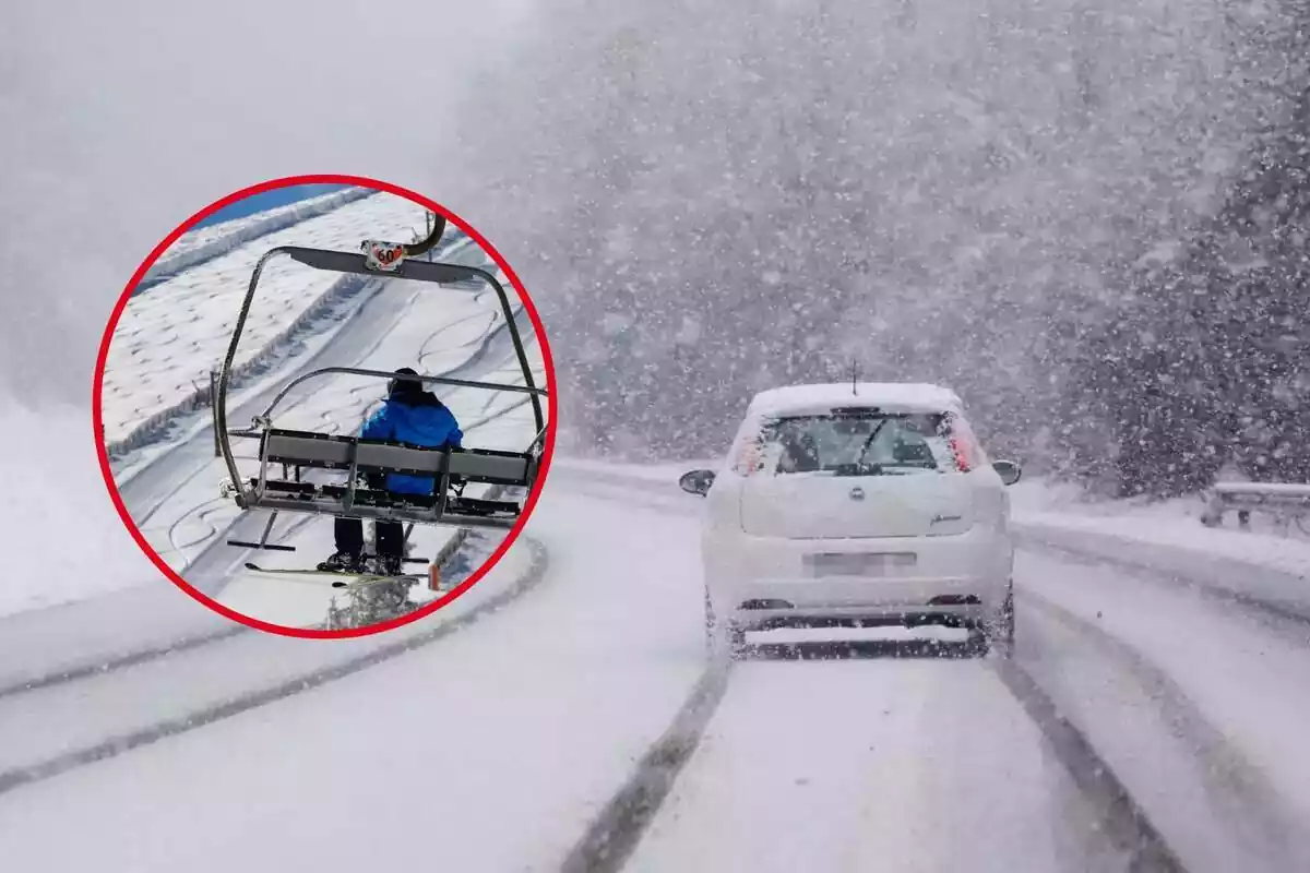 Muntatge amb un cotxe travessant una forta nevada i una persona en un telecadira a una estació d'esquí