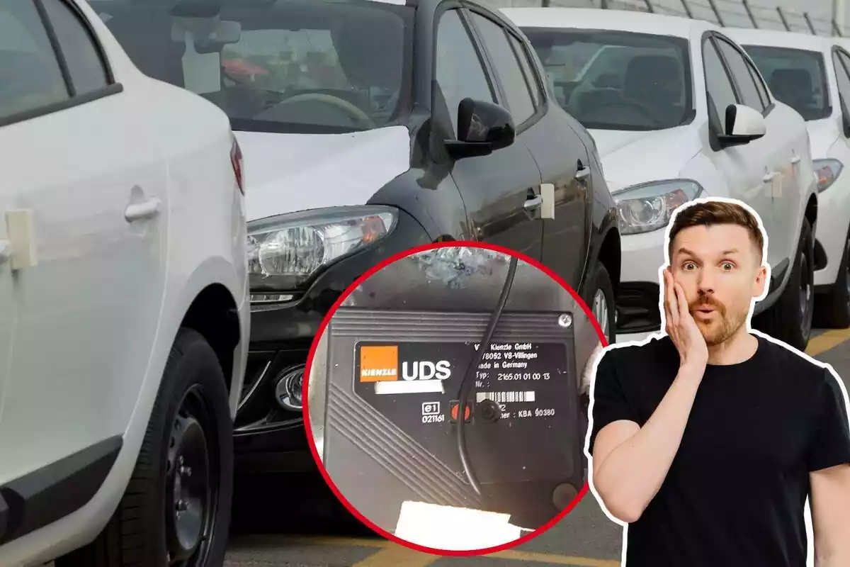Imatge de fons de diversos cotxes aparcats, amb una altra imatge d'una caixa negra i un home sorprès