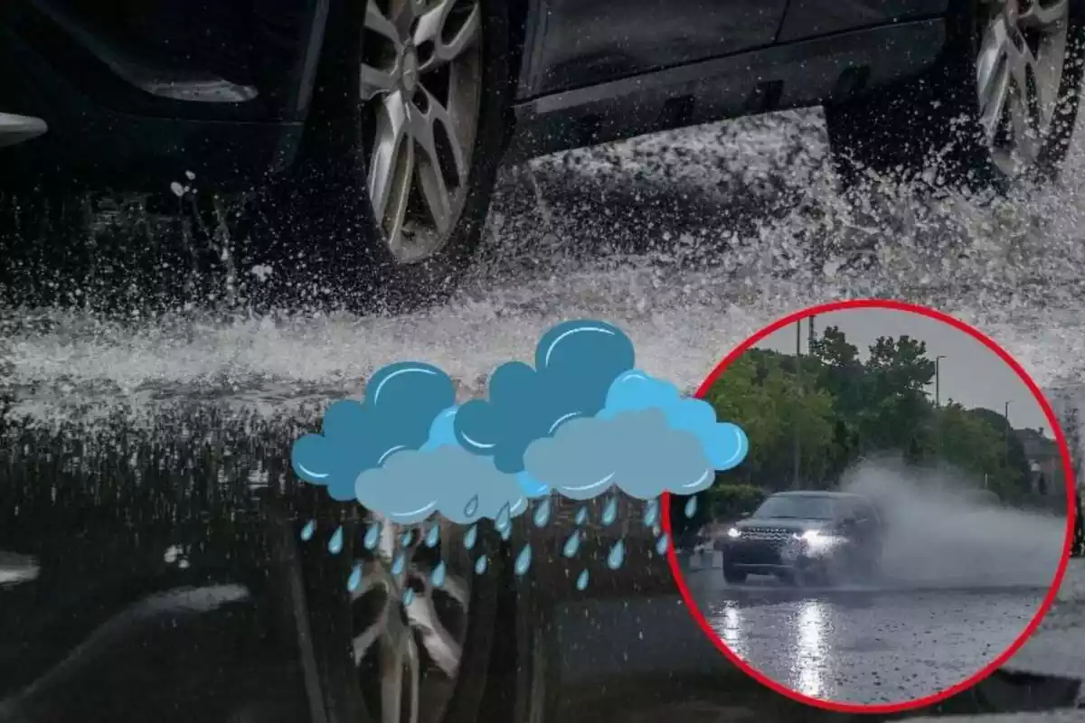 Imatge de fons de les rodes d'un cotxe passant per tolls d'aigua, al costat d'una altra imatge d'un cotxe esquitxant aigua sota la pluja i unes emoticones de núvols amb pluja
