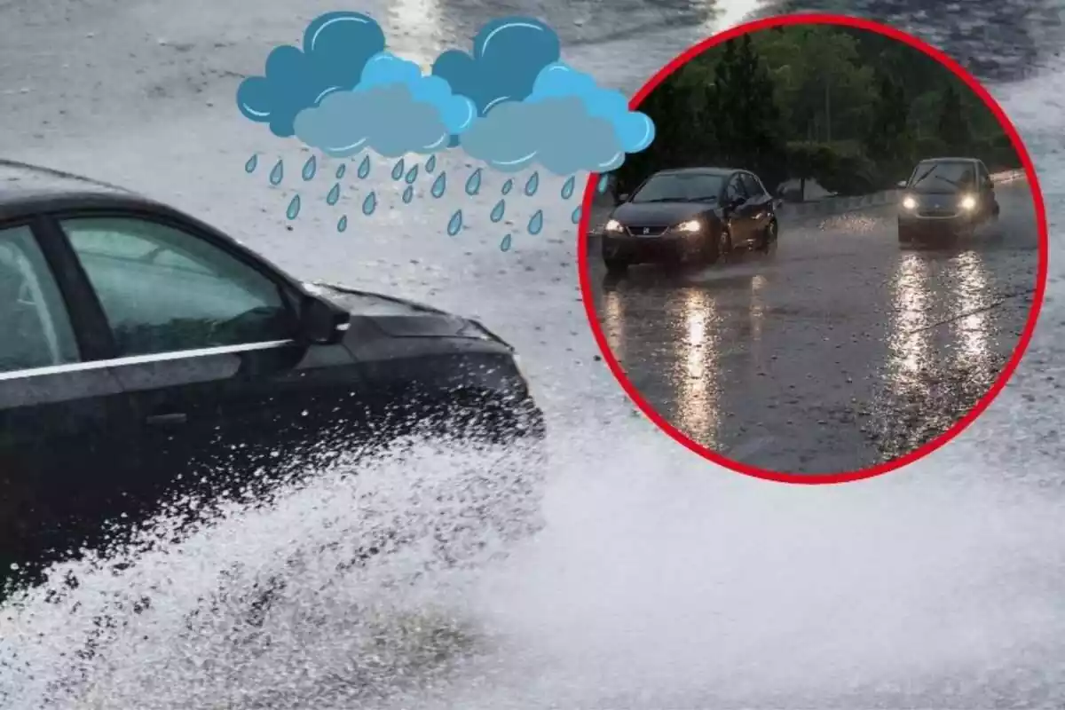 Imatge de fons d'un cotxe per una carretera plena d'aigua i una altra imatge de dos cotxes circulant per carreteres amb pluja, a més d'unes emoticones de núvols i pluja