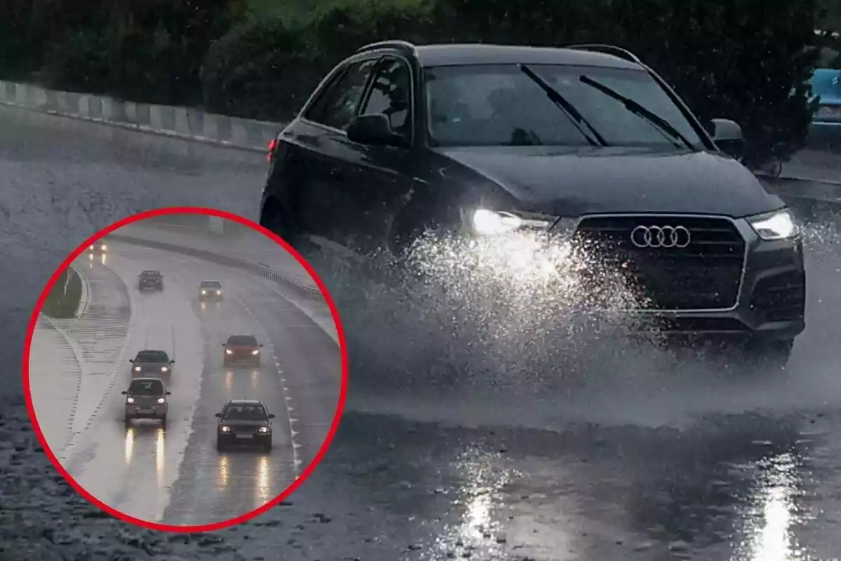 Imatge de fons d'un cotxe circulant per una carretera amb molta aigua i una altra imatge de diversos cotxes amb els llums posats i circulant també per carreteres amb aigua
