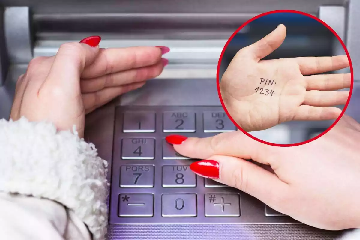 Una dona marca al teclat d'un caixer, i al cercle, una mà amb un PIN