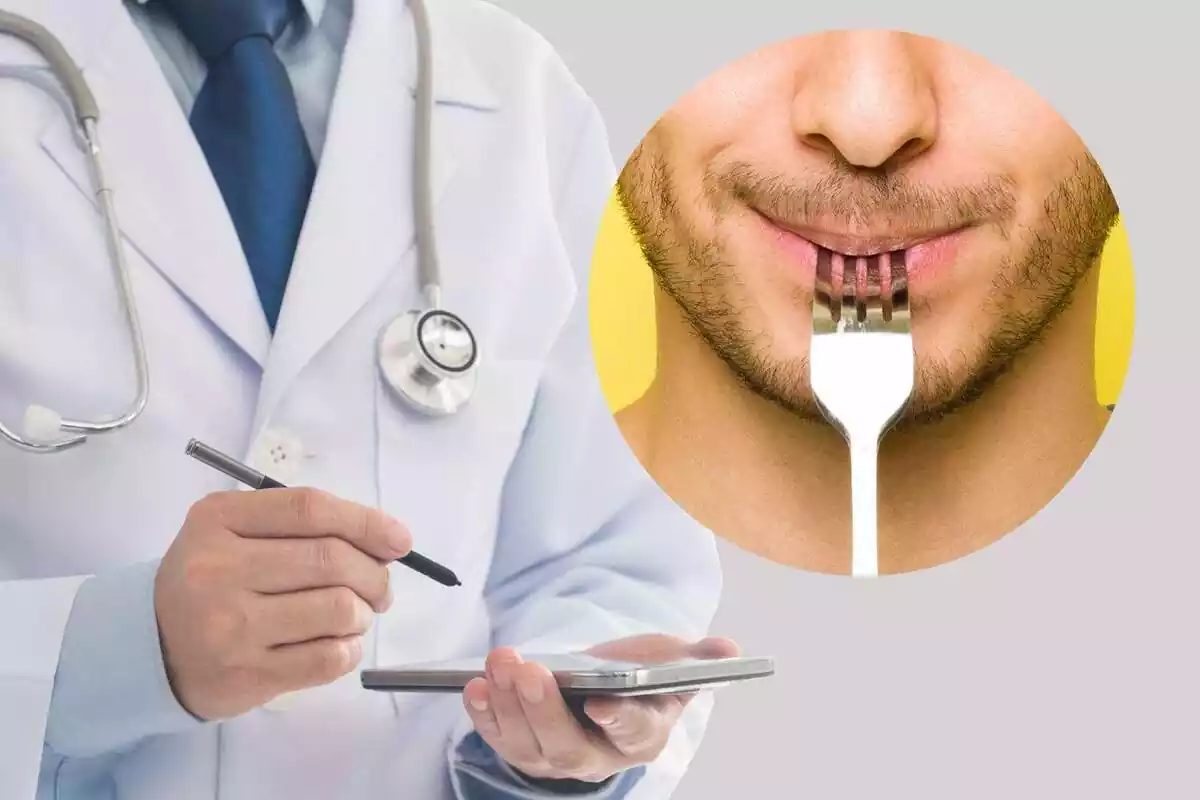 Muntatge amb una imatge de fons d'un metge i en primer pla una persona amb una forquilla a la boca