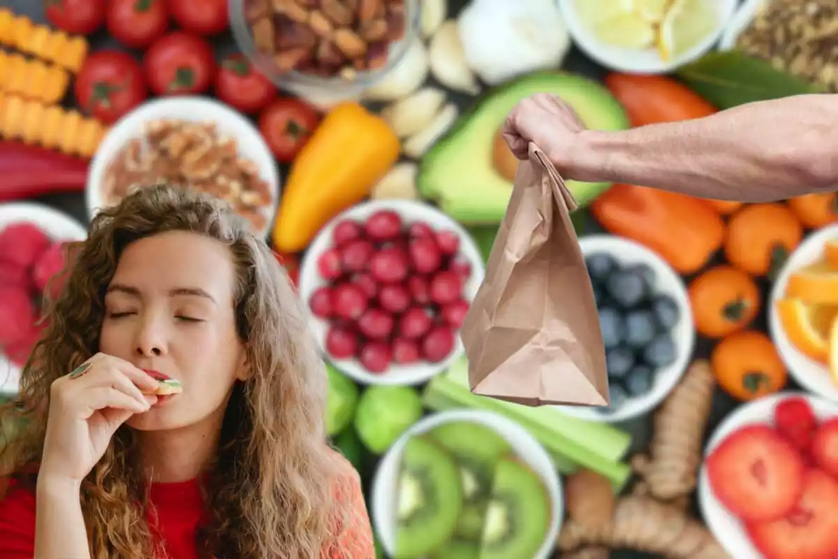 Muntatge de noia assaborint menjar amb braç lliurant paquet de menjar i fons amb molts aliments saludables