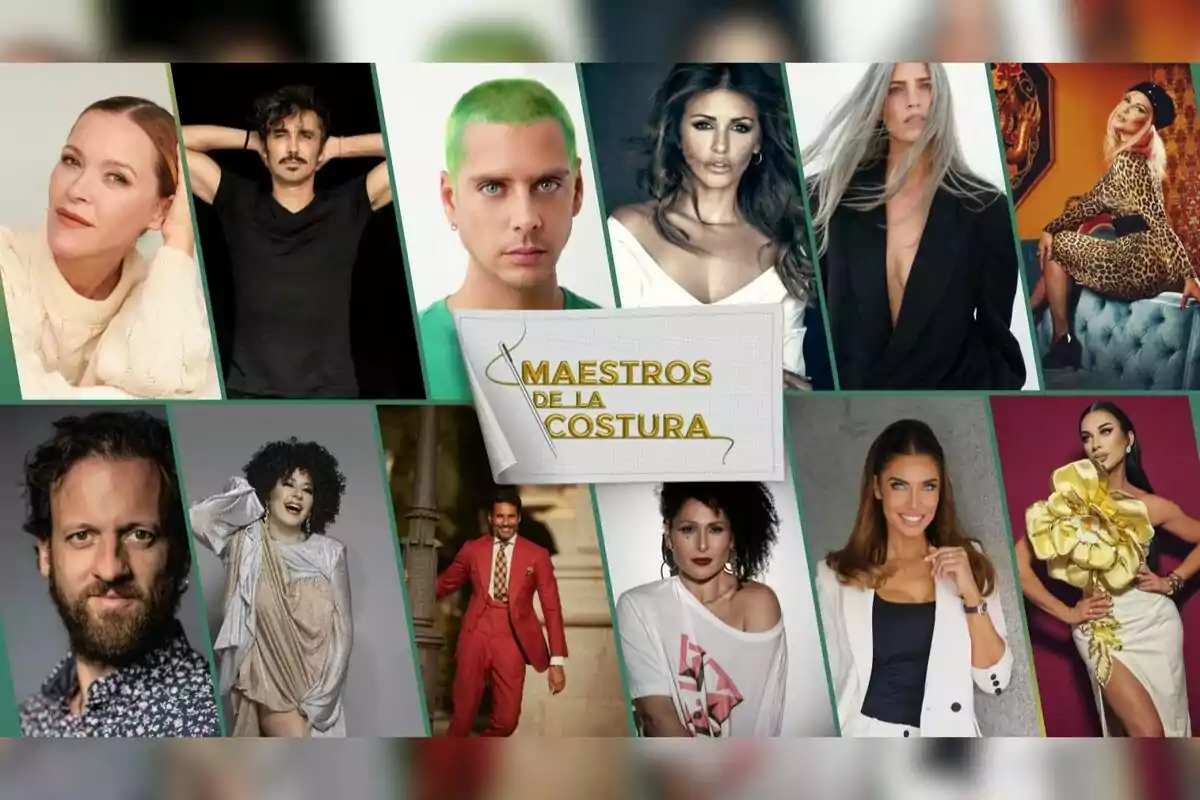 Un collage de persones posant al costat del logo del programa "Maestros de la Costura": Rosa López, Laura Sánchez, Óscar Higares, Carmen Farala, Canco Rodríguez, Mónica Cruz, Pilar Rubio, Edu Soto, La Terratrèmol d'Alcorón, Eduardo Casanova, Silvia Superstar i Maria Esteve