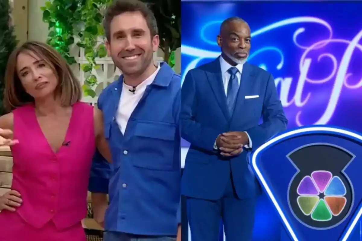 Matía Patiño i Aitor Albizua somrients a La Família de la Tele a l’esquerra i un home elegant amb vestit blau en un plató de concurs a la dreta