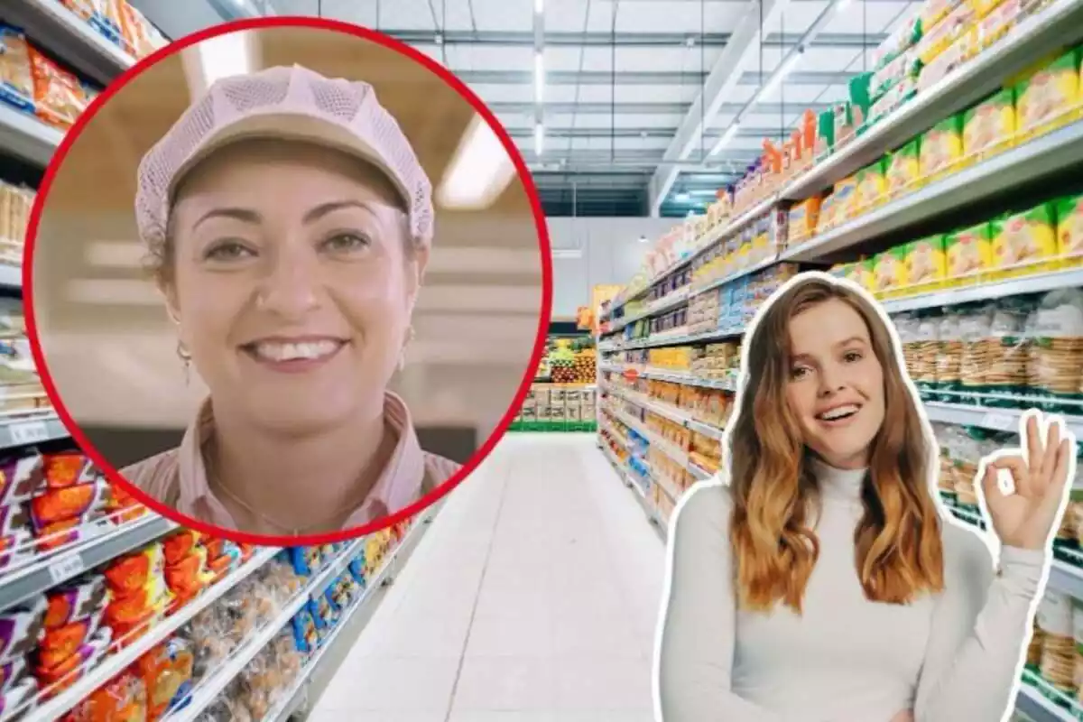 Imatge de fons d´un supermercat al costat d´una imatge d´una treballadora de Consum i una altra d´una dona amb gest d´aprovació