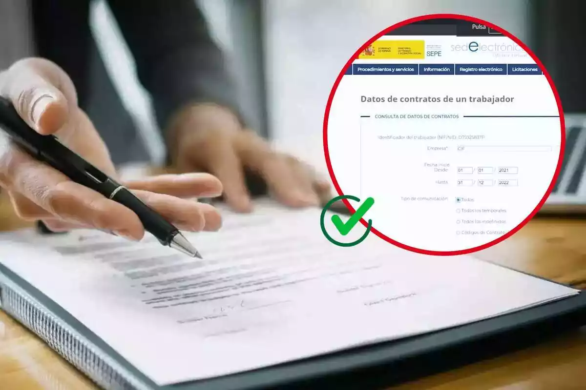 Imatge de fons d'una persona amb un document davant i un bolígraf, juntament amb una altra imatge d'una web del SEPE per sol·licitar una còpia del contracte