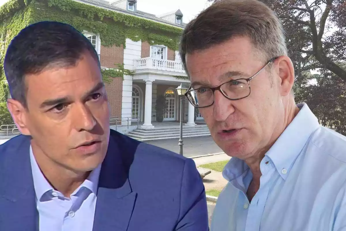 Muntatge de dos plans mig curts de Pedro Sánchez i Alberto Núñez Feijóo amb una foto de la Moncloa de fons