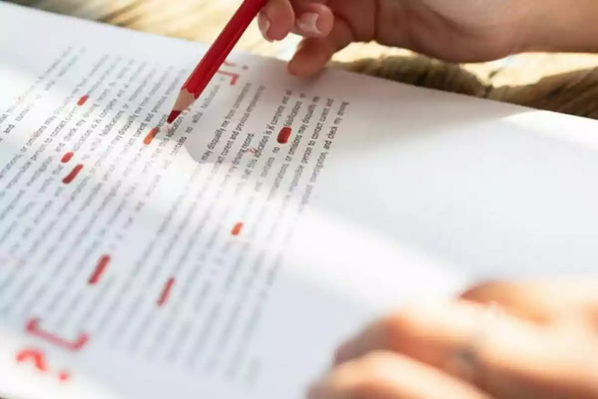 A hand holds a red pencil while reviewing and correcting a document full of annotations.