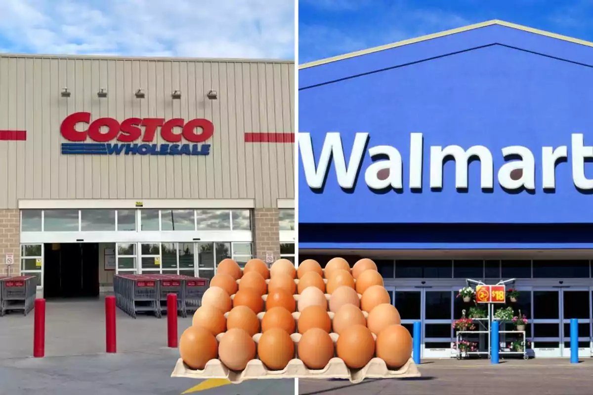 Fachadas de Costco y Walmart con una bandeja de huevos en primer plano.