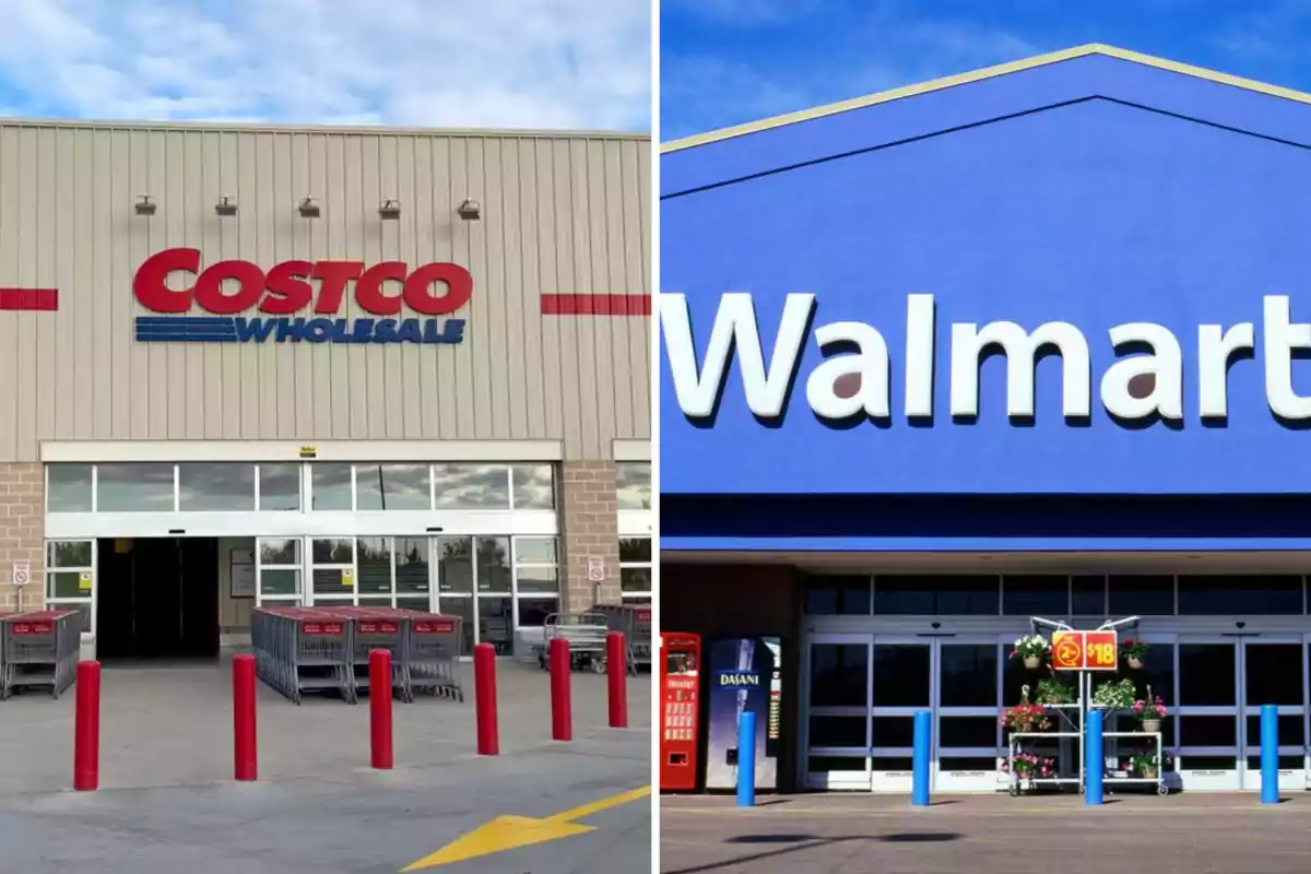 Storefronts of Costco and Walmart side by side.