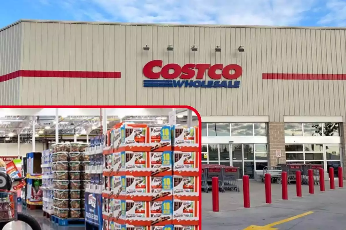 Warehouse interior with stacks of products on pallets in sketchy red square on Costco door background