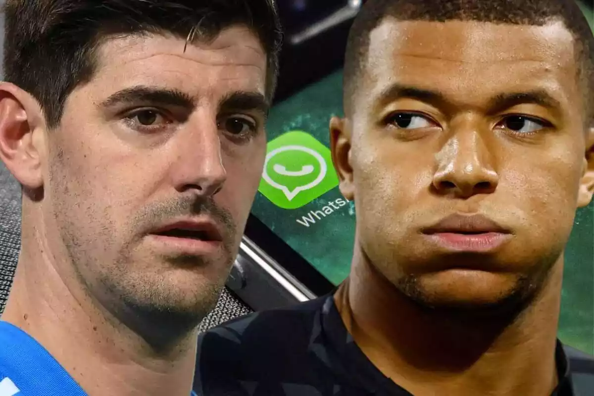 Kylian Mbappé puffing next to Thibaut Courtois with a lost look. In the background an image of the WhatsApp logo