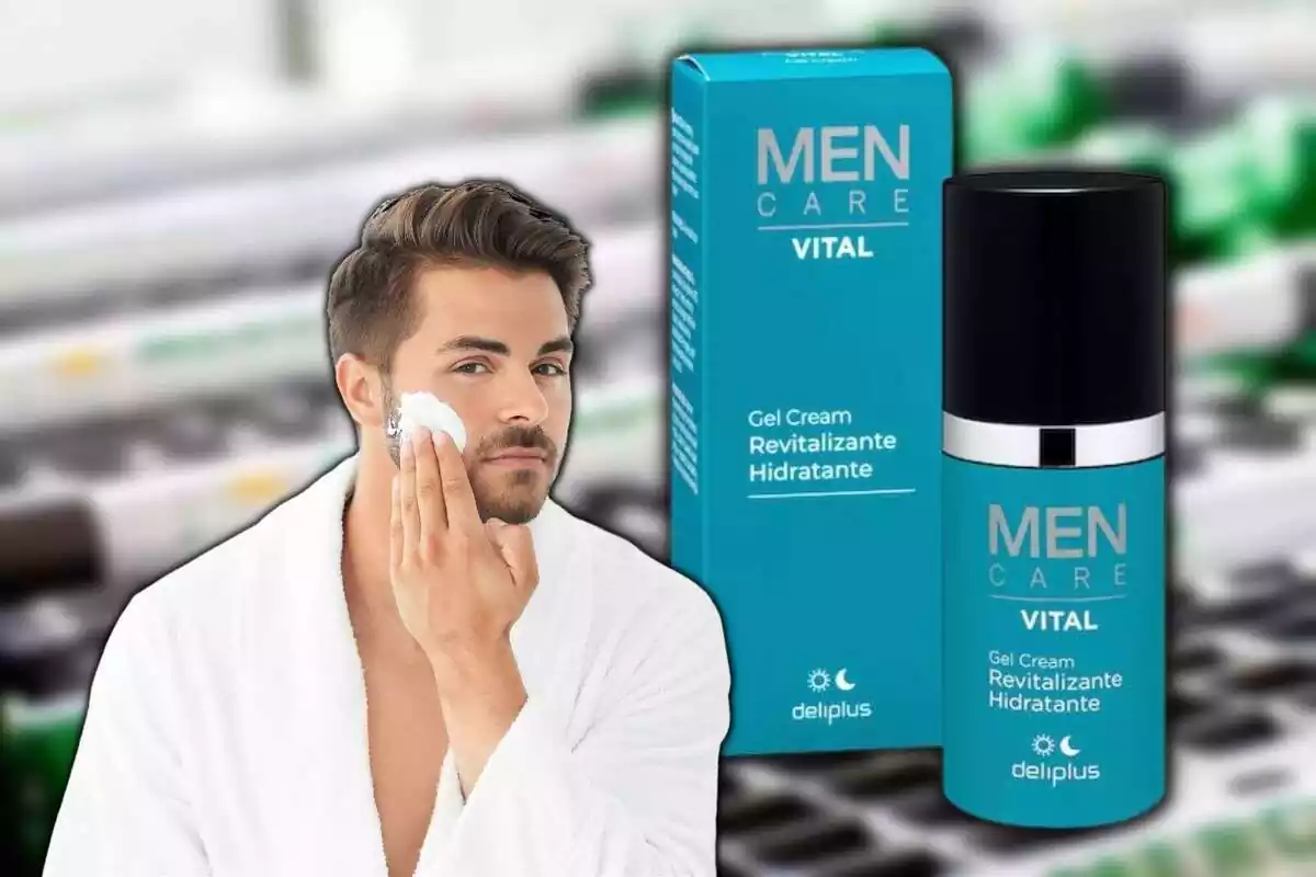 Montaje de hombre echándose crema en la cara y bote de crema revitalizante de Mercadona Montaje de hombre echándose crema en la cara y bote de crema revitalizante de Mercadona