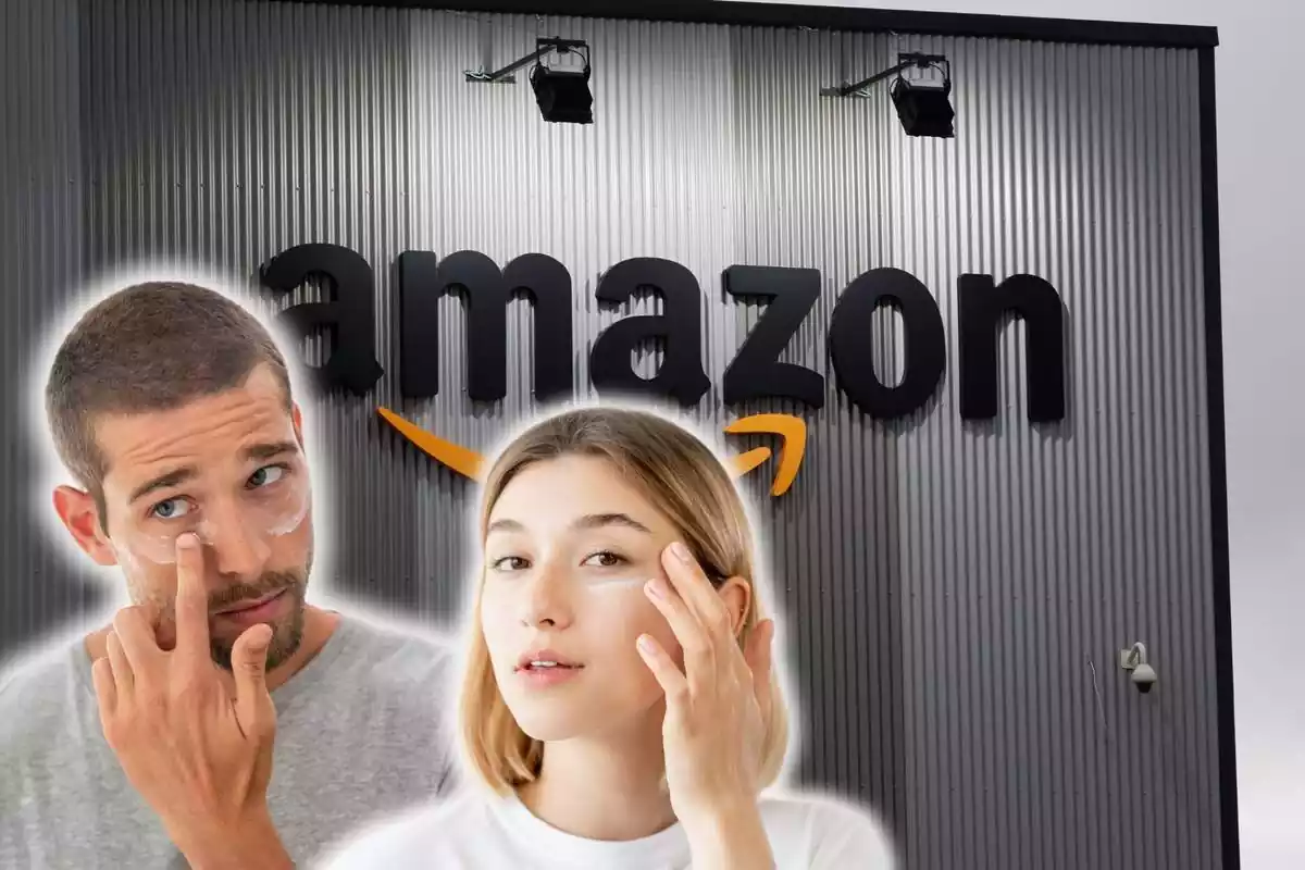 Home i dona joves posant crema a la cara sobre fons paret Amazon