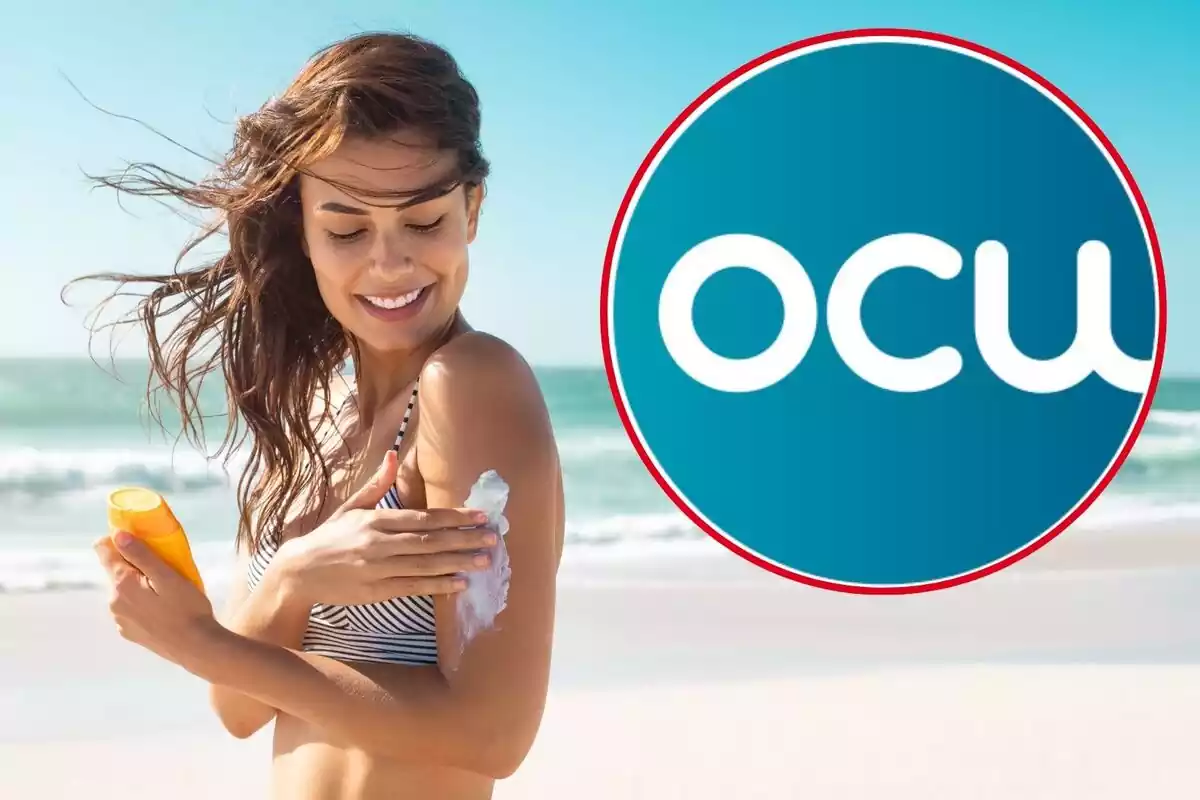 Noia fent-se crema solar i el logo de l'OCU