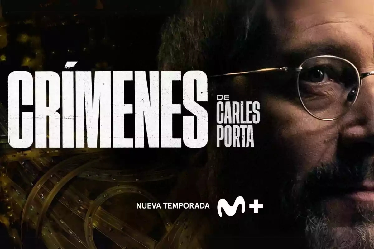 Portada de la nova temporada de "Crims" de Carles Porta a Movistar Plus mostrant un rostre parcialment visible amb ulleres i un fons de carreteres il·luminades.