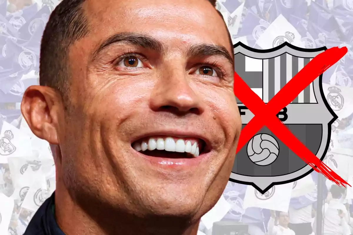 Smiling man in the foreground with a crossed-out FC Barcelona crest in the background and Real Madrid flags.