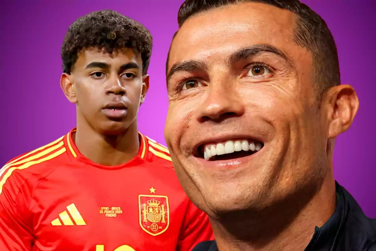 A young player in the Spanish national team uniform and a smiling man in the foreground against a purple background