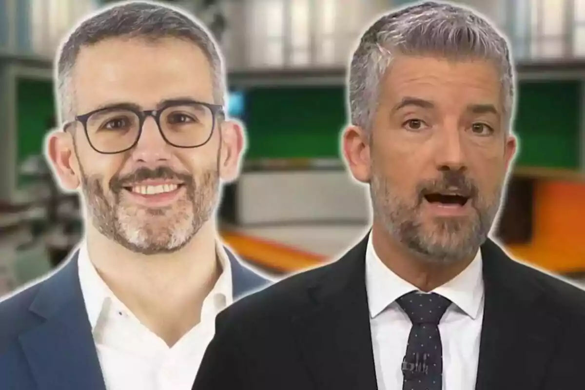 Two men with beards and gray hair, one wearing glasses and smiling, the other speaking, in a television studio setting.