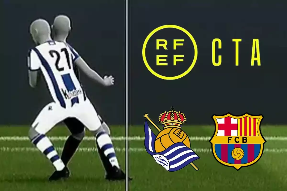 Dues figures de jugadors de futbol en un camp amb els logotips de la RFEF i CTA a la part superior i els escuts de la Reial Societat i el FC Barcelona a la part inferior.