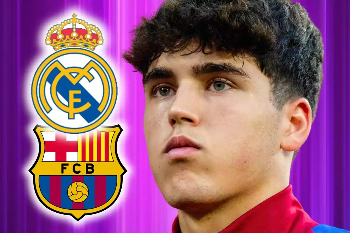 Un jove futbolista amb expressió seriosa apareix al costat dels escuts del Reial Madrid i el FC Barcelona sobre un fons morat.