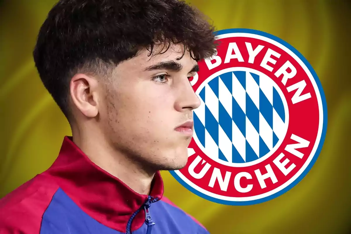 Jove amb jaqueta esportiva en primer pla i l’escut del Bayern Munic al fons