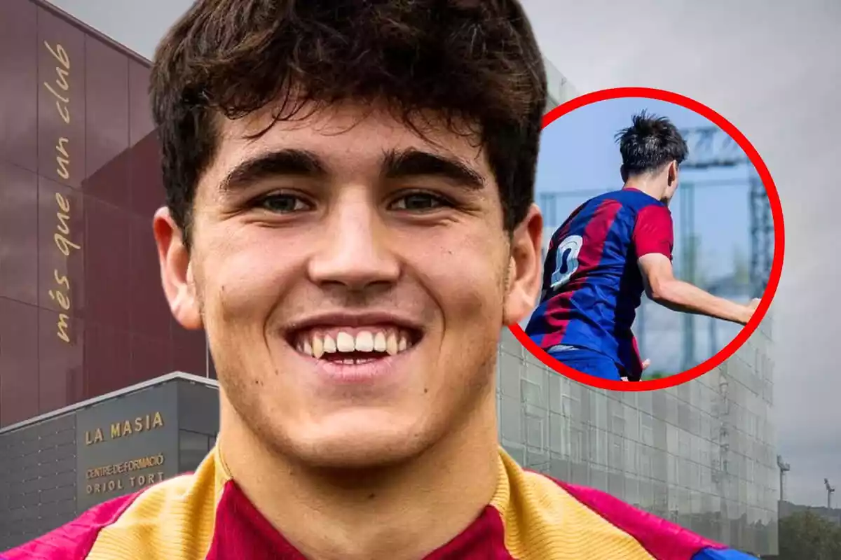 Pau Cubarsí amb un gran somriure a primer pla amb La Masia de fons i una imatge retallada d'un jugador del filial