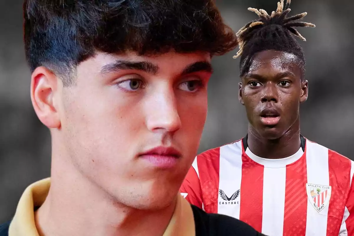 Dos joves en una imatge, un en primer pla amb expressió seriosa i un altre al fons amb samarreta de futbol de l'Athletic Club de Bilbao.