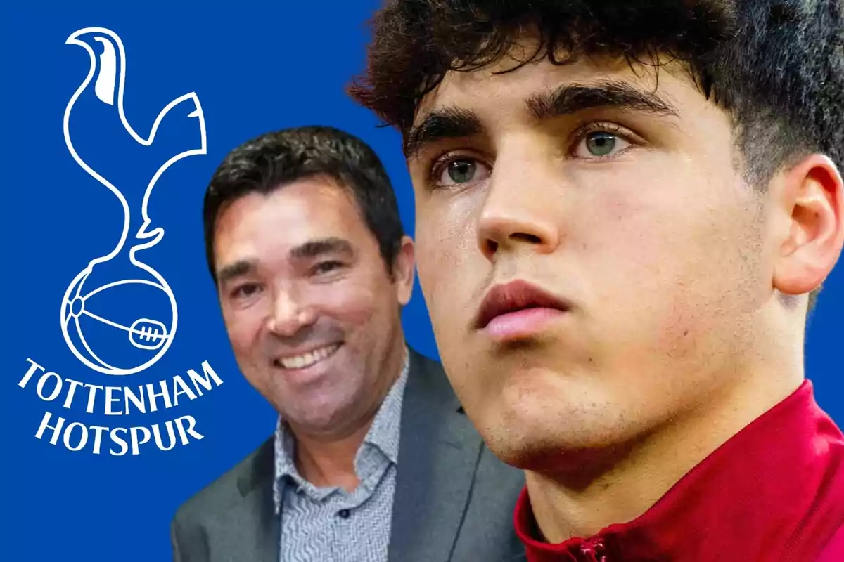 Dues persones davant del logo del Tottenham Hotspur sobre un fons blau.