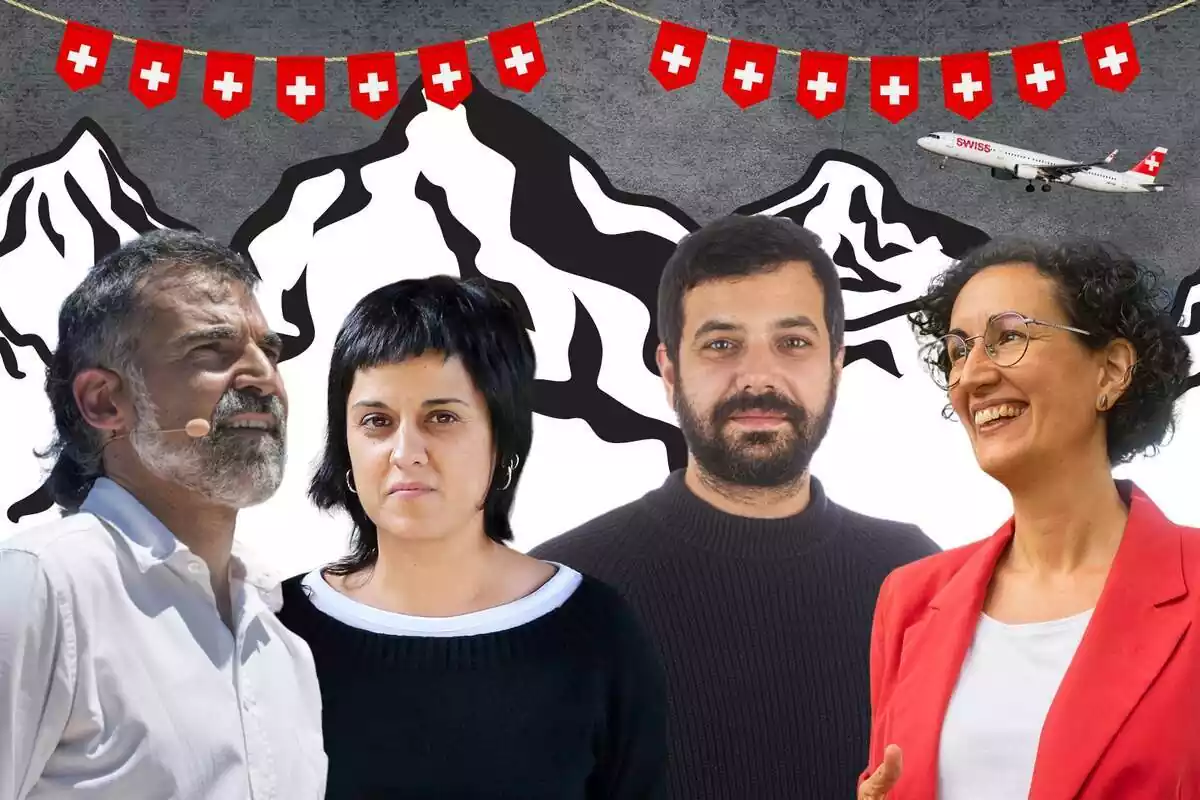 Muntatge amb els polítics catalans fugats a Suïssa, Jordi Cuixar, Anna Gabriel, Ruben Wagensberg i Marta Rovira