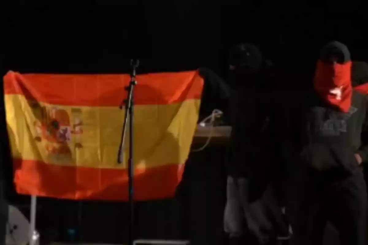 Persones emmascarades sostenint una bandera d'Espanya amb un micròfon en un escenari fosc.