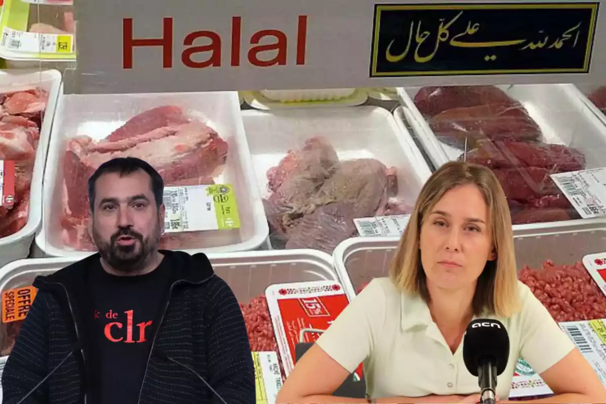 Muntatge d'un taulell de carn halal amb Dani Cornellà de la CUP i Jéssica Albiach dels Comuns