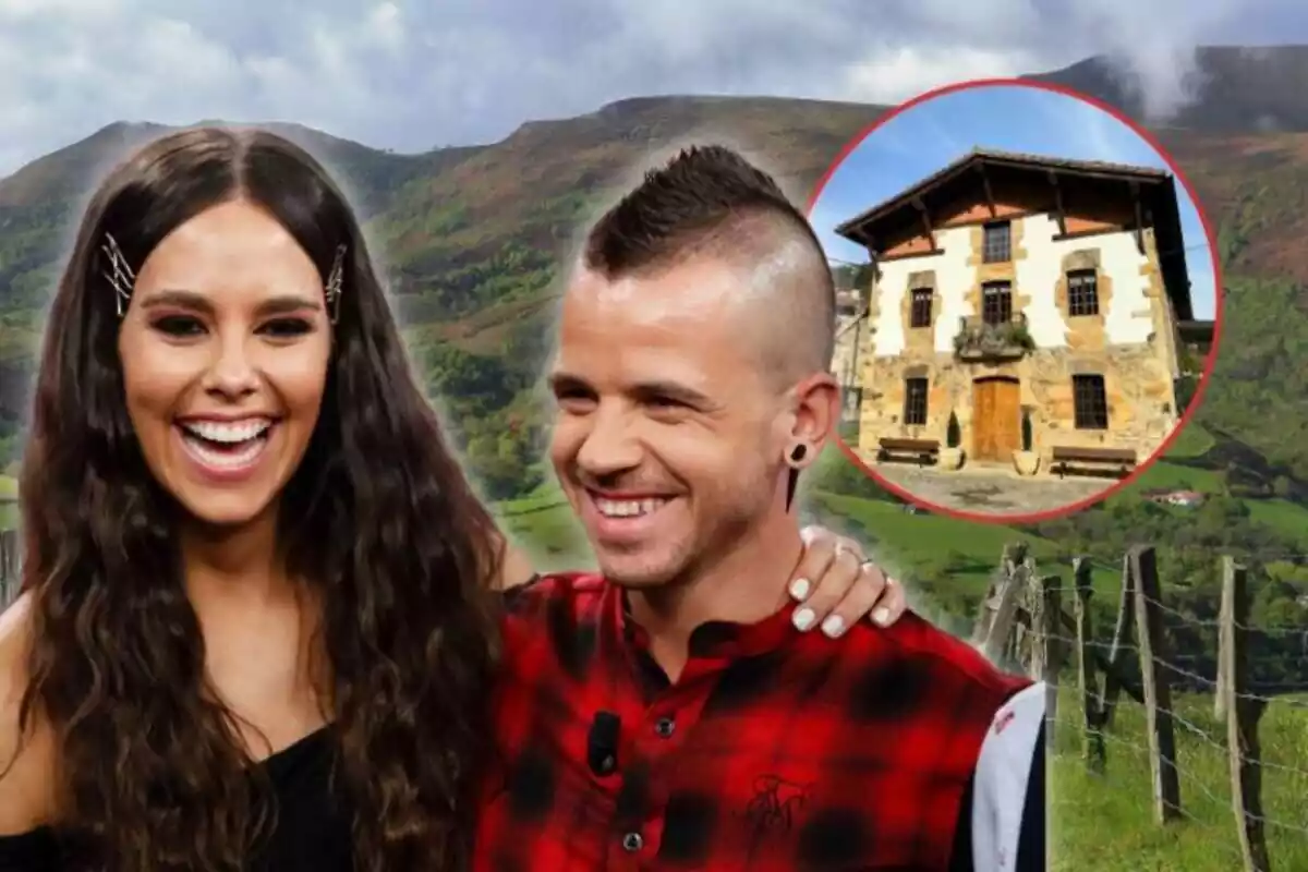Dabiz Muñoz i Cristina Pedroche sobre un fons d'unes muntanyes ia la dreta un cercle amb una masia antiga