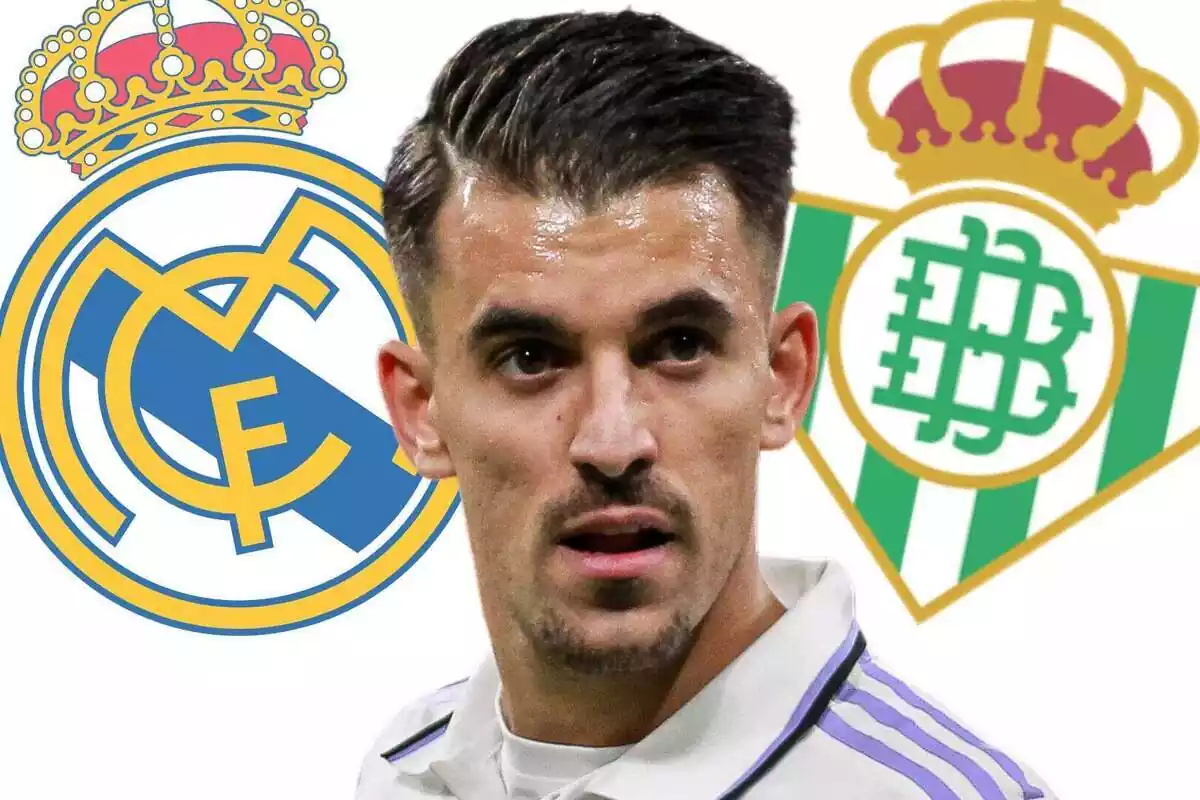 Primer pla de Dani Ceballos y de fons els escuts del Reial Madrid i el Betis