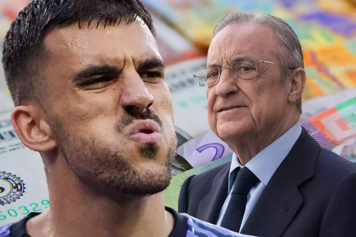 Dani Ceballos resoplando con Florentino Pérez mirando y muchos billetes en el fondo