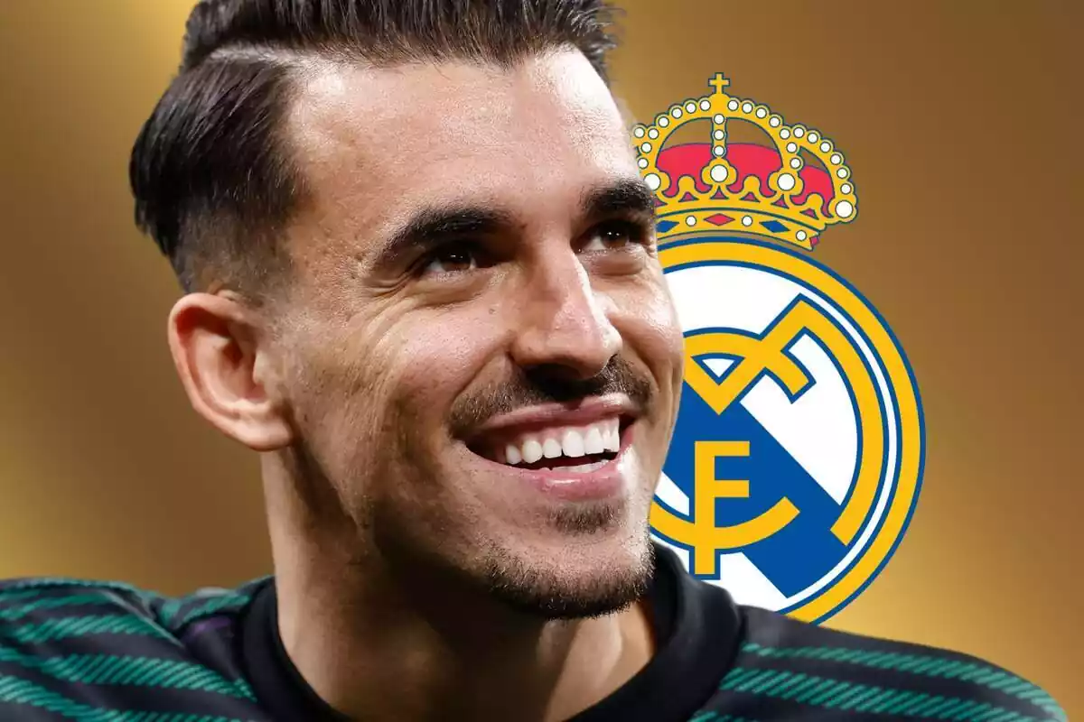 Dani Ceballos mira a l'estesa sobre un fons daurat i l'escut del Reial Madrid