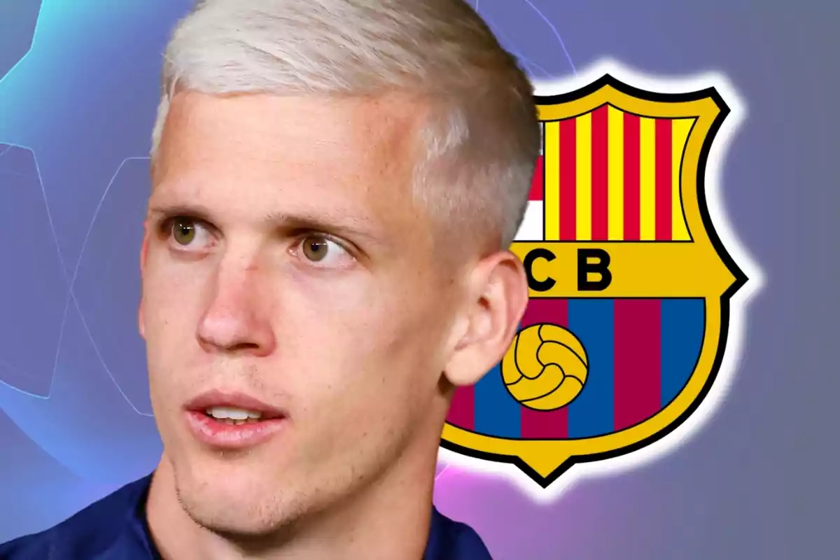 A light-haired man in front of the FC Barcelona crest.