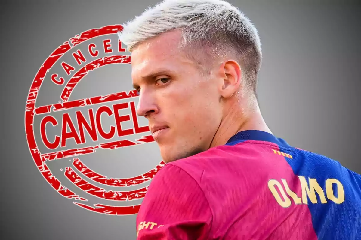 A soccer player with blonde hair and a red and blue jersey looks back with a watermark that says "CANCEL" in the background.