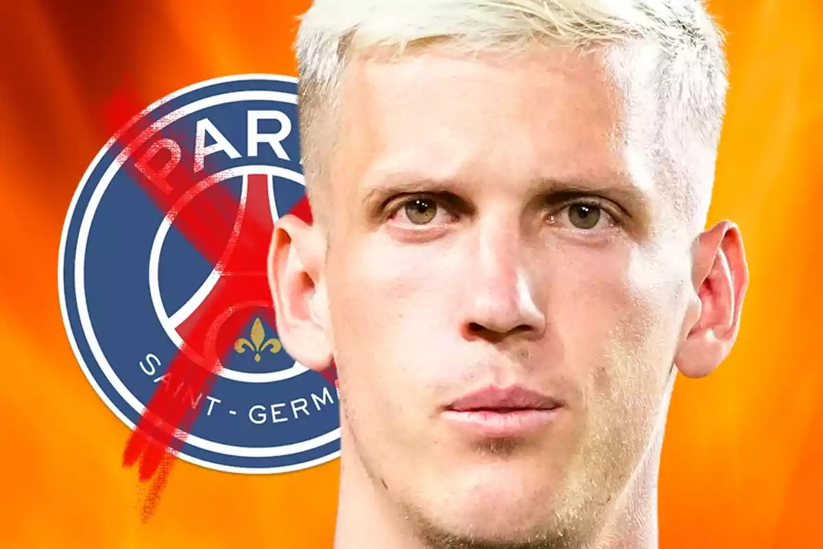 Un home de cabell ros davant del logo del PSG sobre un fons taronja.