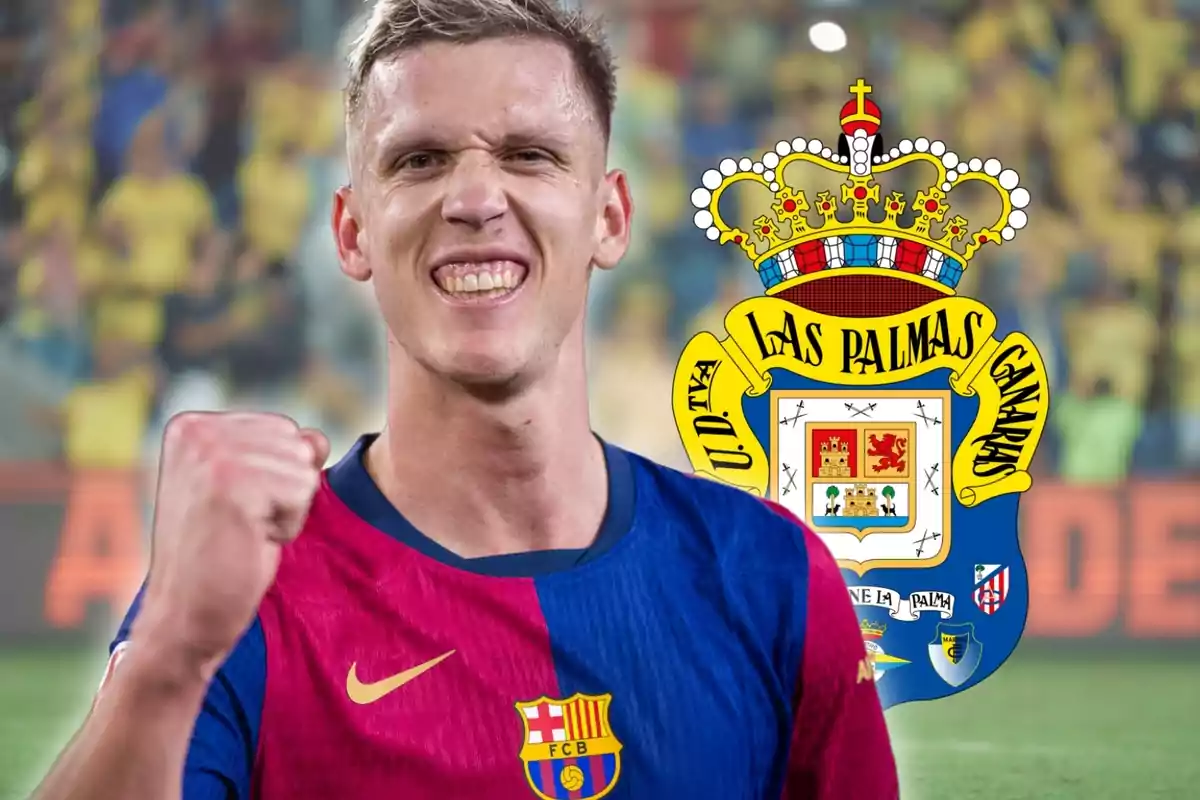 Un jugador de fútbol con la camiseta del FC Barcelona celebra con el puño cerrado frente a un escudo de la UD Las Palmas.